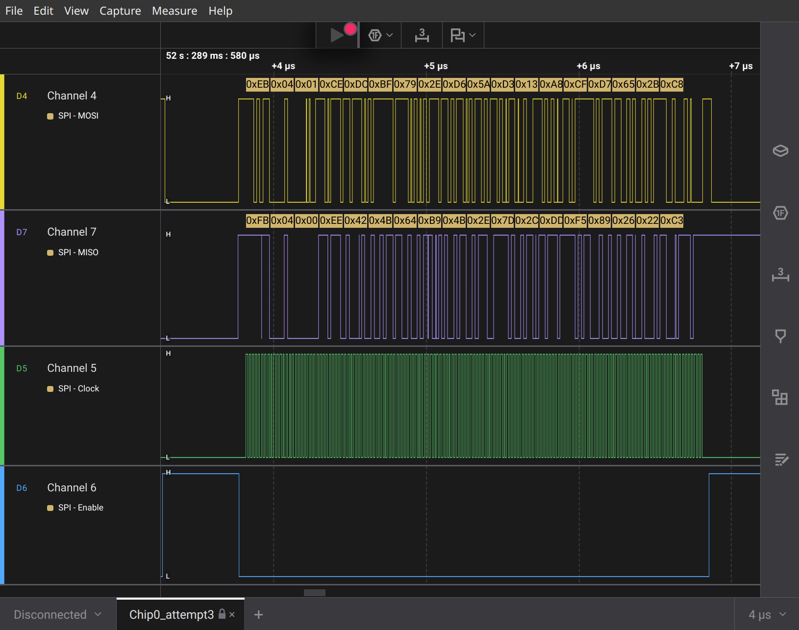 Screenshot of Saleae’s Logic 2 program showing an SPI transaction